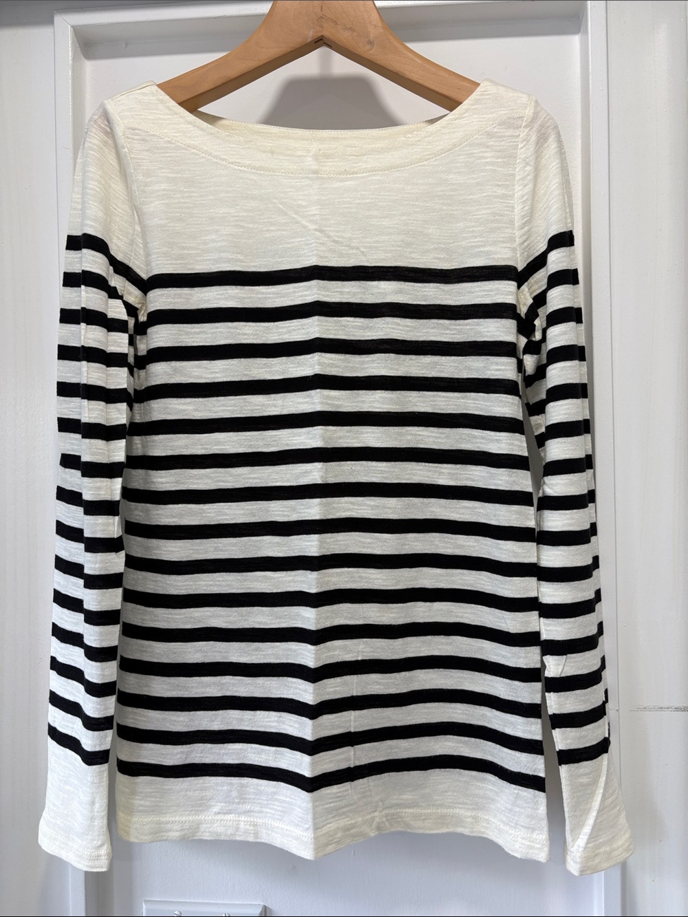 LOFT Ivory White & Black Striped Boatneck Long Sleeve Knit Top T-Shirt Size S
